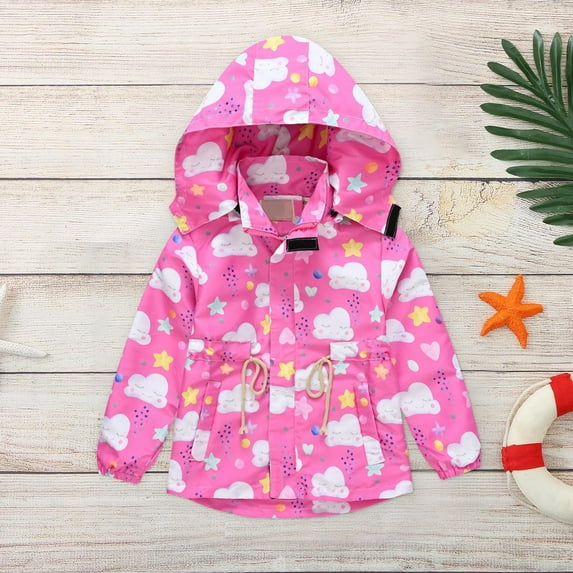 ATOGUTA Girls Raincoat Cute Cloud Pattern Windproof Jacket Detachable Hood Coat Hot Pink, Size 3T-10
