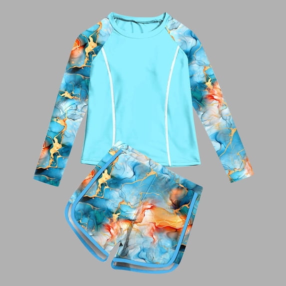 ATOGUTA Girls Rash Guard Swim Sets Sun Protection Beach Swimming Suit with Shorts Kids Swimwear Sky Blue, Size 2-11 Years
