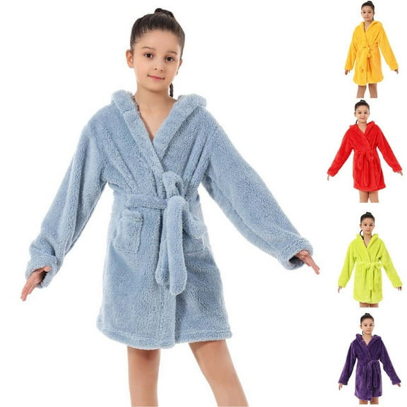 ATOGUTA Girls Robe Boys Fleece Robe Soft Hooded Bathrobe Pajamas Sleepwear Size 1T-15, Light Blue