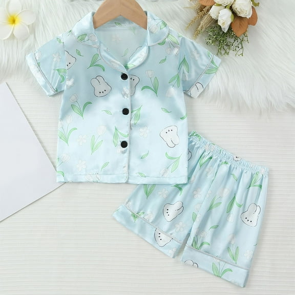 ATOGUTA Girls Satin Pajama Set 1T-8 Short Sleeve Kids Pjs Button Down Sleepwea Light Blue