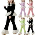 thumbnail image 1 of ATOGUTA Girls Sets Kids Long Sleeve Ruffled Tops and Flared Pants Sweatsuit Clothing Sets Size 1T-10, Black, 1 of 5