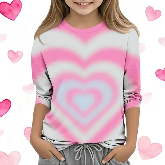 ATOGUTA Girls Shirts Basics Love Heart Valentine Graphic T-Shirt Valentines Day Outfit Tee Top Size 3T-12, Hot Pink