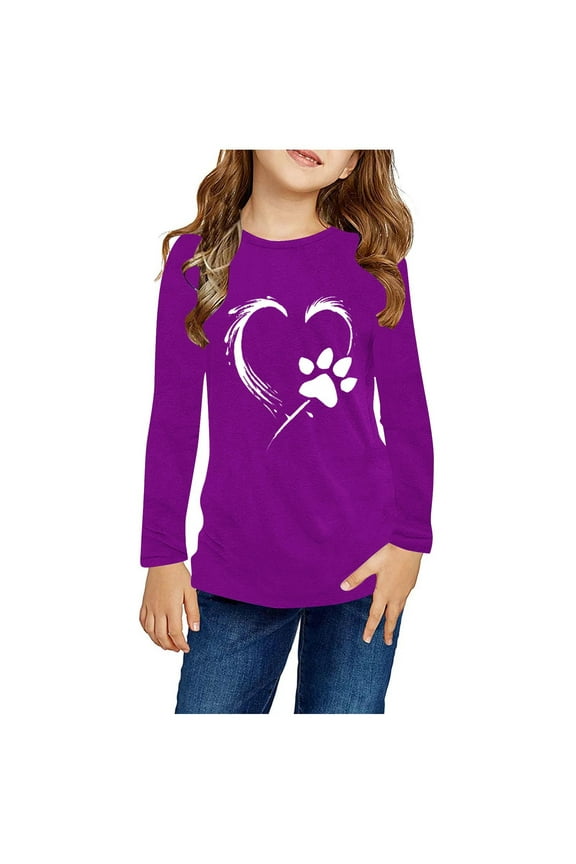 Girls Shirts Purple Long Sleeve Shirts Soft Crewneck Long-Sleeve T-Shirts Graphic Tees Size 3T-14