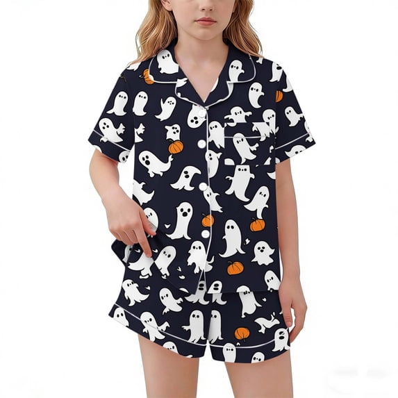 ATOGUTA Girls Short Sets 2 Piece Short-Sleeve Set Halloween Print Button Down Shirt Shorts Cute Home Outfits