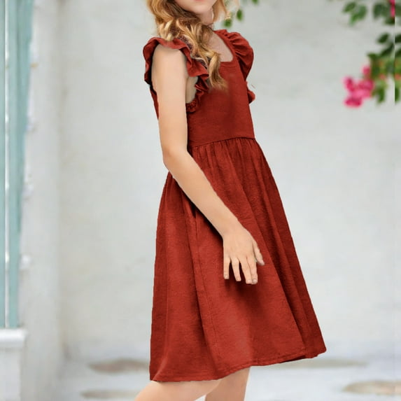 ATOGUTA Girls Short Sleeve Dress Summer Kids Skater Twirl A Line Tank Dress for School Casual Holiday Party Size 1T-7, Coffee