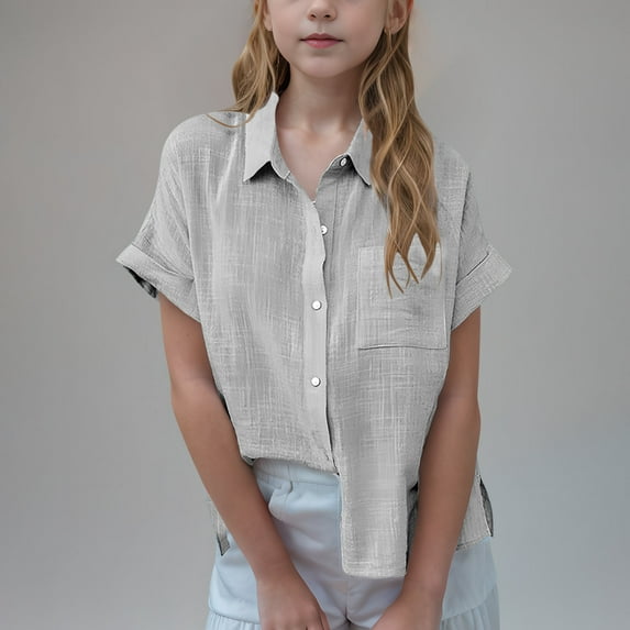 ATOGUTA Girls' Short Sleeve T Shirt 3T-14 Button Down Shirt Casual Cute Summer Blouse Tops Gray