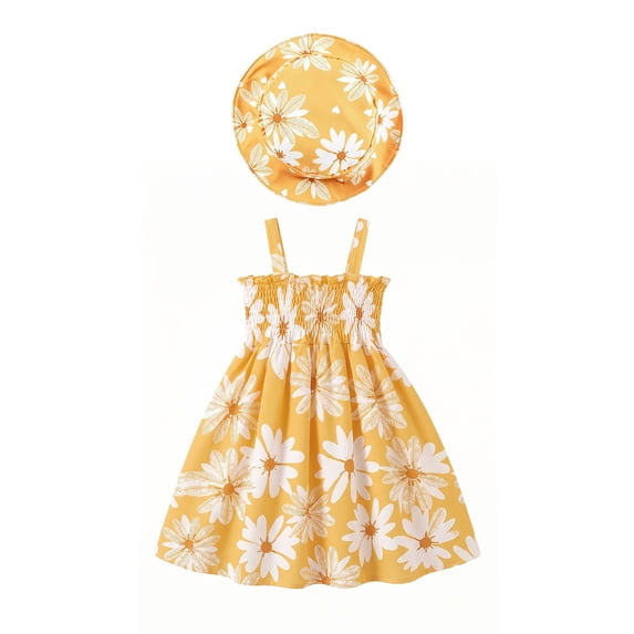 ATOGUTA Girls Sleeveless Dress Casual Beach Party Flower Print Spaghetti Straps Sundress with Hat Orange, Size 3M-3T