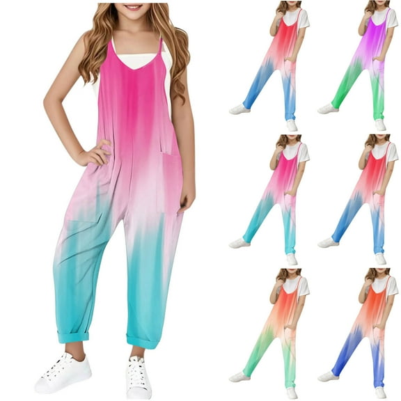 ATOGUTA Girls Sleeveless Jumpsuit Size 5T-14 Spaghetti Strap Loose Romper Kids Casual Sleeveless Overalls with Pockets Red