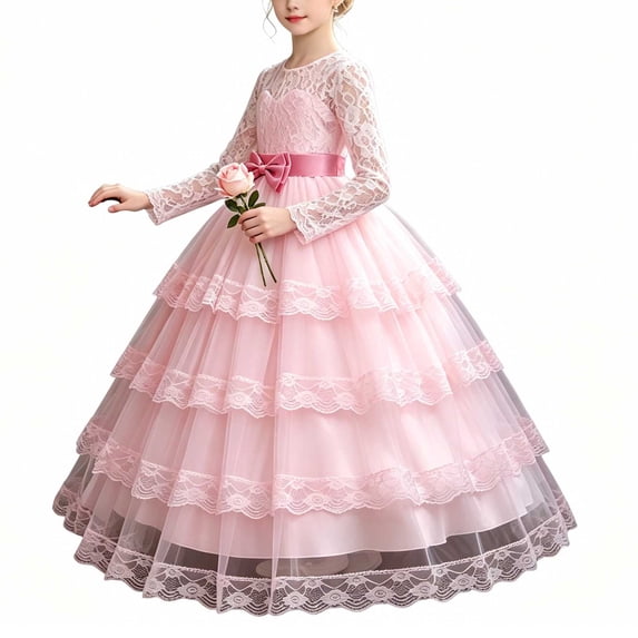 ATOGUTA Girls' Special Occasion Dresses Long Sleeve Homecoming School Dance Wedding Birthday Party Graduation Pageant Bridesmaid Pink, Size 5T-15