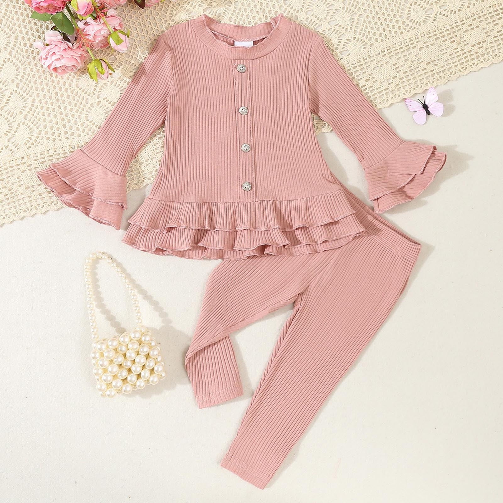 Atoguta Girls Spring Outfits Size M T Long Sleeves Ruffle Top Pants Cute Fall Winter Daily