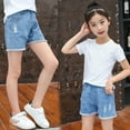 thumbnail image 1 of ATOGUTA Girls Stretchy Denim Shorts Ripped Ruffle Hem Elastic Waist Straight Leg Jean Shorts Blue, Size 3-12 Years, 1 of 6
