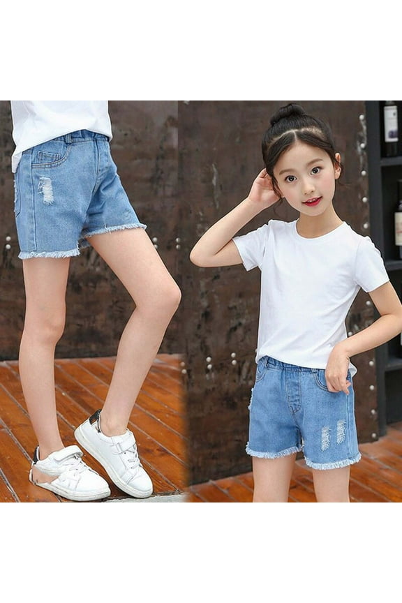 Girls Stretchy Denim Shorts Ripped Ruffle Hem Elastic Waist Straight Leg Jean Shorts Blue, Size 3-12 Years