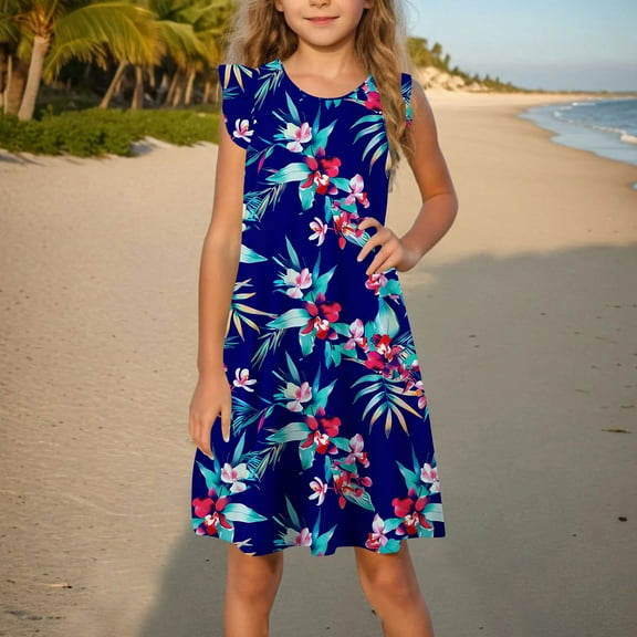 ATOGUTA Girls Summer Dresses 4T-14 Sleeveless Casual Summer Outfit School Holiday Clothes Dark Blue