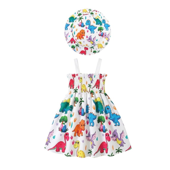ATOGUTA Girls Summer Dresses Casual Beach Party Dinosaur Print Spaghetti Straps Sundress with Hat White, Size 3M-3T