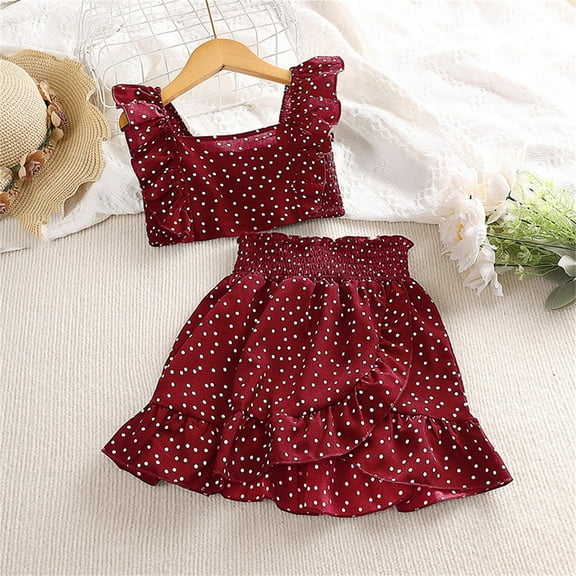 ATOGUTA Girls Summer Dresses Ruffle Shirred Crop Top and A Line Skirt Set Red, Size 4-12 Years