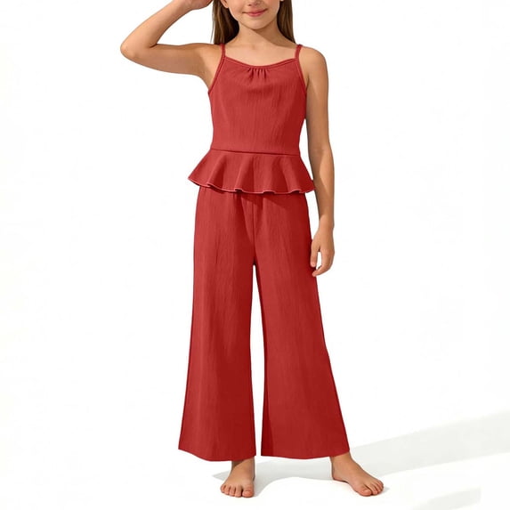 ATOGUTA Girls Summer Outfit Sleeveless Ruffle Tank Top Wide Leg Pant Set Size 4T-15 Summer Casual Clothes Red