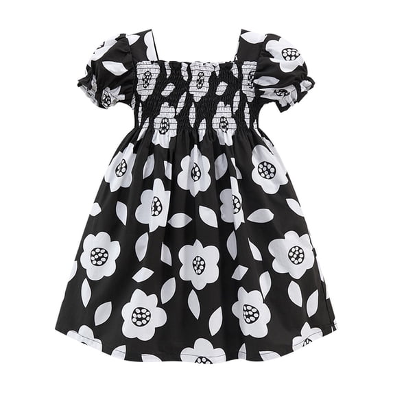 ATOGUTA Girls Summer Dress Puff Sleeve Square Neck Smocked Flowy Girls Tulle Dress Black, Size 2T-7