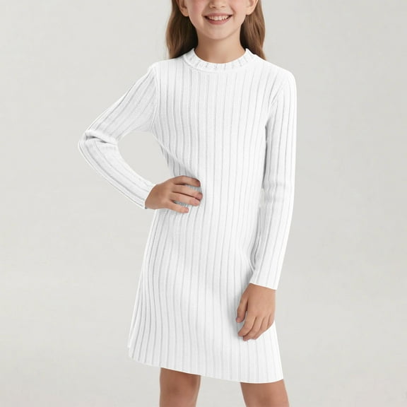 ATOGUTA Girls Sweater Fall Dress Long Sleeve Knit A-Line Casual Winter Midi Dresses Size 8-12, White
