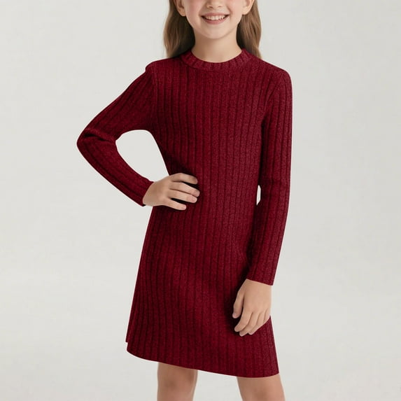 ATOGUTA Girls Sweater Fall Dress Long Sleeve Knit A-Line Casual Winter Midi Dresses Size 8-12, Wine