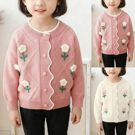 ATOGUTA Girls Sweaters Cardigans Jacket Button Down Long Sleeve Knit Sweater Fall Open Front Cute Cardigan Coat Size 2T-8 Pink