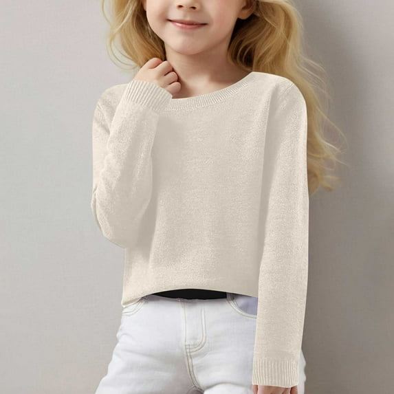 ATOGUTA Girls Sweaters Size 6-15 Kids Fall Winter Tops Long Sleeve Crew Neck Knit Casual Cozy Pullover Beige