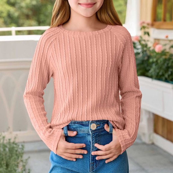 ATOGUTA Girls Sweatshirt Long Sleeve T Shirts Kids Fall Tops Crewneck Basic Tees Size 4T-15, Pink