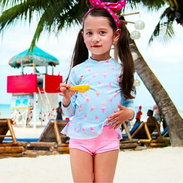 ATOGUTA Girls Swim Suits Ice Cream Print Long Sleeve Shorts Sun Protection Kids Swimsuit Suit Blue, Sizes 2T-10