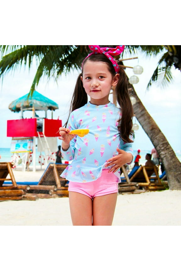 Girls Swim Suits Ice Cream Print Long Sleeve Shorts Sun Protection Kids Swimsuit Suit Blue, Sizes 2T-10