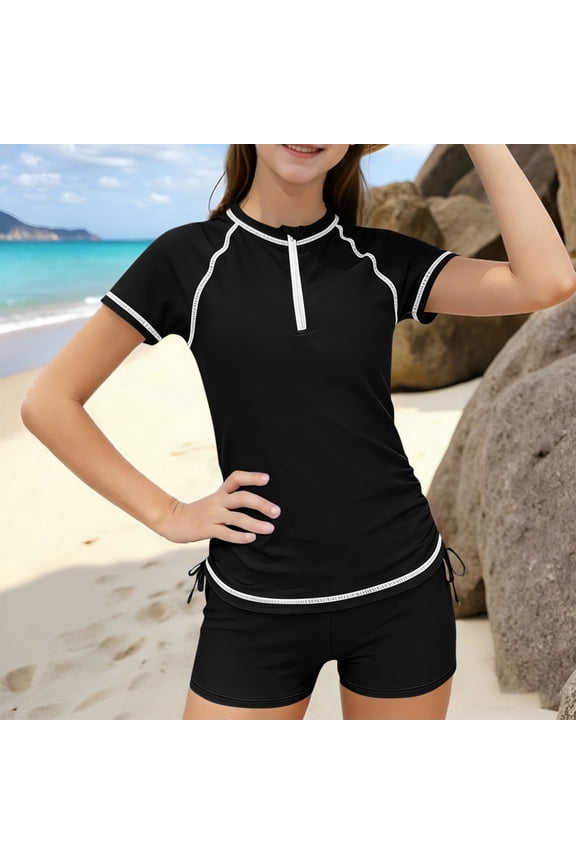 Girls Swimsuit Summer Beach Bathing Suit Short Sleeve Rash Guard Sets for Kids Child Size 7-16, Black