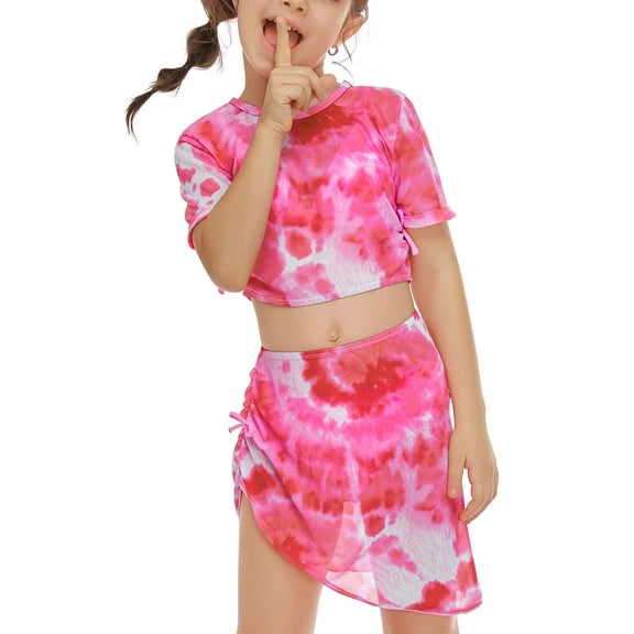 ATOGUTA Girls Swimsuit V Neck Bikini Set Tie-Dye with Cover Up Tops and Skirt 4Pcs Bathing Suits Pink, Size 4T-10