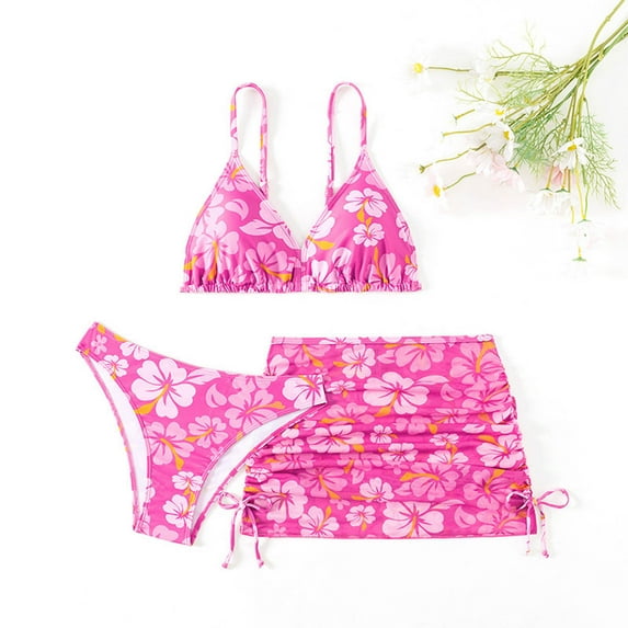 ATOGUTA Girls Swimsuits 3 Piece Bathing Suit V Neck Bikini Set with Cover Up Skirt Beach Swimwear Hot Pink, Size 8-15