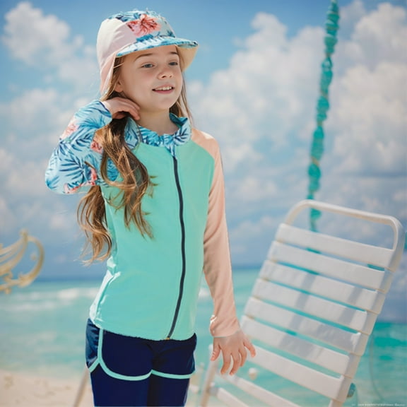 ATOGUTA Girls Swimsuits 3 Piece Rashguard Set with Cap Long Sleeve Sunscreen Bathing Suit with Zipper Blue, Size 7-16