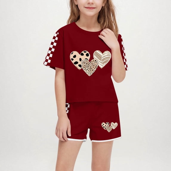 ATOGUTA Girls T-Shirt And Shorts Set Short Sleeve Heart Print Tops Summer Shorts Set Wine, Size 5-14 Years