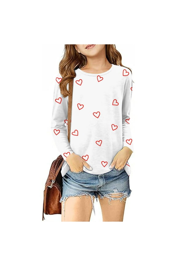 Girls' T-Shirts Girls Casual Long Sleeve Shirts Valentine's Day Pullover Tops White, Size 3T-14