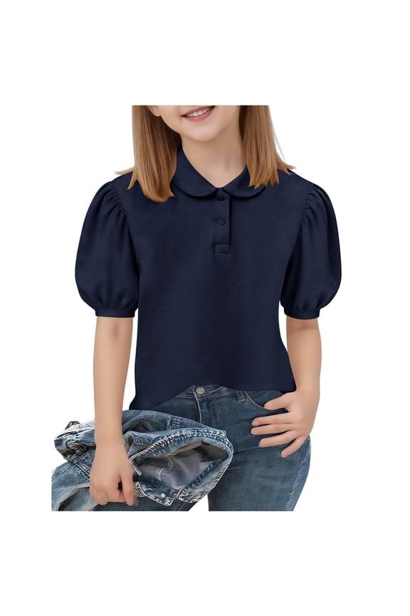 Girls T Shirts Short Sleeve Cute Casual Collared Graphic Tees Shirts for Girls Tops T-Shirt Navy, Size 5T-15