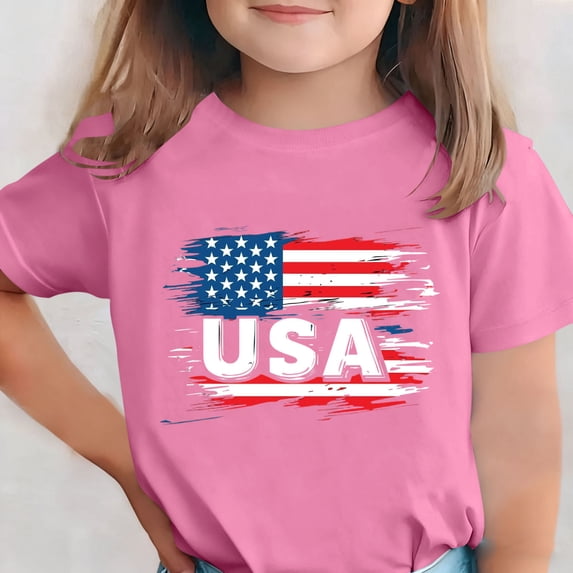 ATOGUTA Girls T-Shirts Short Sleeve Kids July 4th Patriotic Tee Top Pink, Size 3T-15