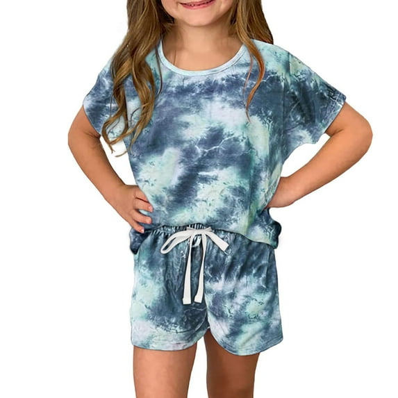 ATOGUTA Girls Tie Die Outfits Cute Short Sleeve Top Shorts Set Kids Summer Clothes Light Blue, Size 3T-14