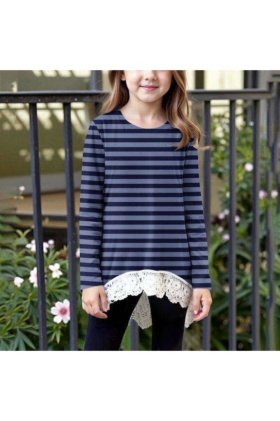 Girls Tshirt Kids Casual Striped Tunic Tops Lace Long Sleeve Loose Soft Blouse Size 4T-15, Navy