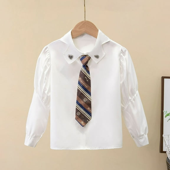 ATOGUTA Girls Tshirts Dress Shirt Long Sleeve School Uniform Blouse Formal Button Down Top for Big Kids White, Size 4T-15