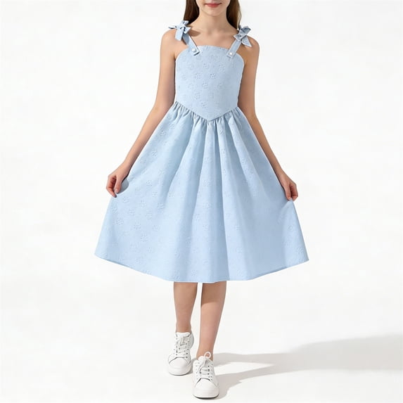 ATOGUTA Girls Tulle Dress Summer Kids Skater Twirl A Line Tank Dress for School Casual Holiday Party Size 8-13, Light Blue