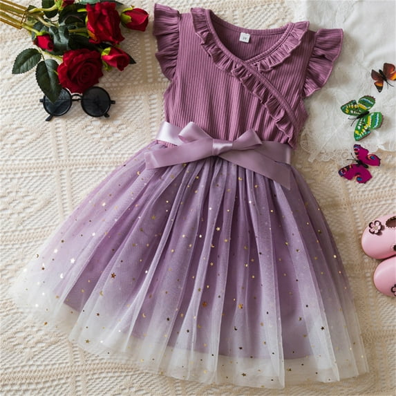 ATOGUTA Girls Tutu Dress Summer Ruffle Sleeve Party Tulle Dresses Purple, Size 3T-8