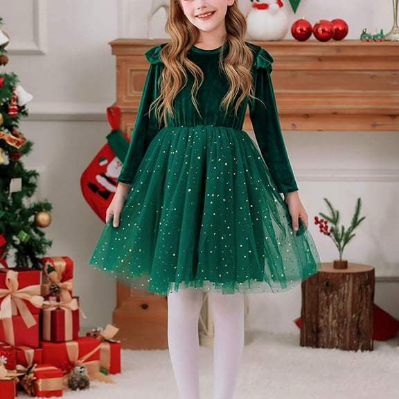 ATOGUTA Girls Tutu Dresses Kids Winter Long Sleeve Party Sequin Tulle Dresses Size 4T-11, Green