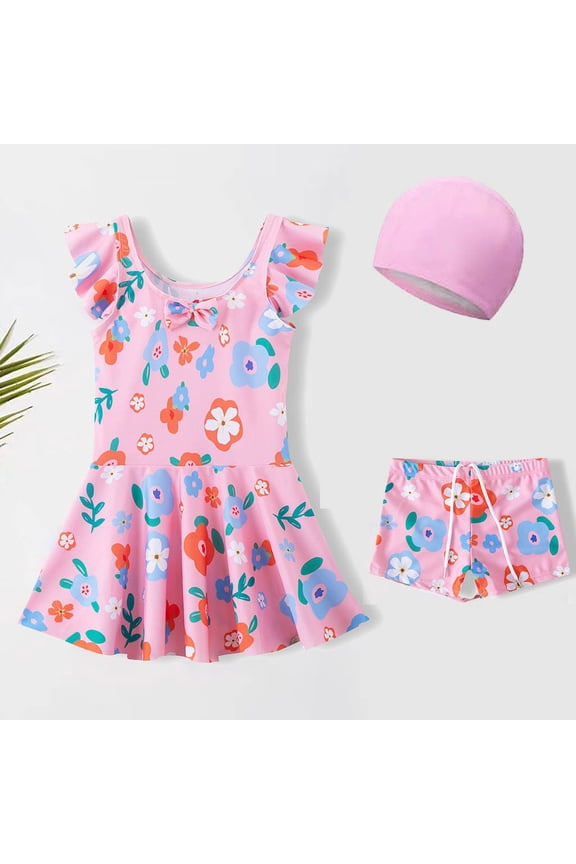 Girls' Two Piece Swimdress Princess Pleated Skirt Swimwear Bathing Suit Dress with Shorts Pink, Size 4T-14