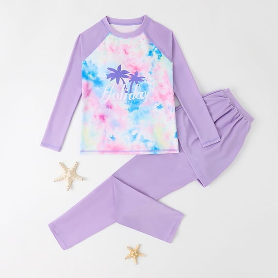 ATOGUTA Girls Two Piece Swimsuit Long Sleeve Beach Bathing Suit Sun Protection Summer Beach Swimwear Purple, Size 5T-10
