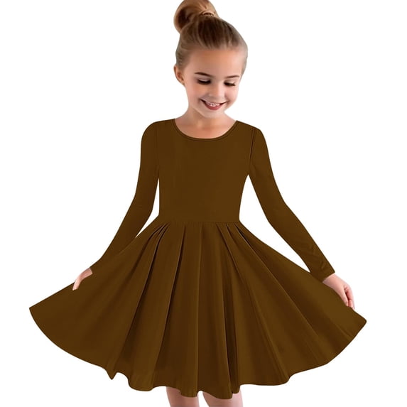 ATOGUTA Girls Uniform Dress Brown Long Sleeve Swing Dress A Line Twirly Skater School Recital Dress Size 4T-14