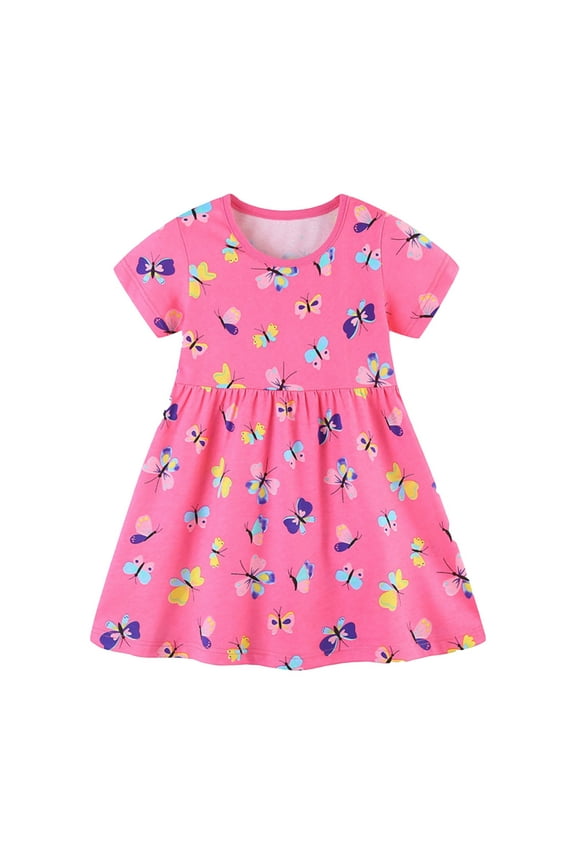 Girls Uniform Dress Short Sleeve Dress Summer Casual Shirt Dresses Pink, Size 2T-7