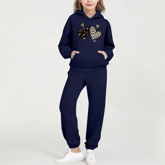 ATOGUTA Girls Vacation Outfits Tracksuit Drop Shoulder Hoodie Sweatshirt and Sweatpants Joggers Set with Pockets Size 2T-14, Dark Blue