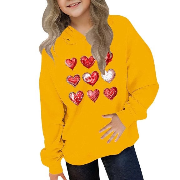 ATOGUTA Girls Valentine's Day Sweatshirt Hooded Heart Sweatshirt Fall Winter Kid Long Sleeve Shirt Pullover Top Size 3T-14, Yellow