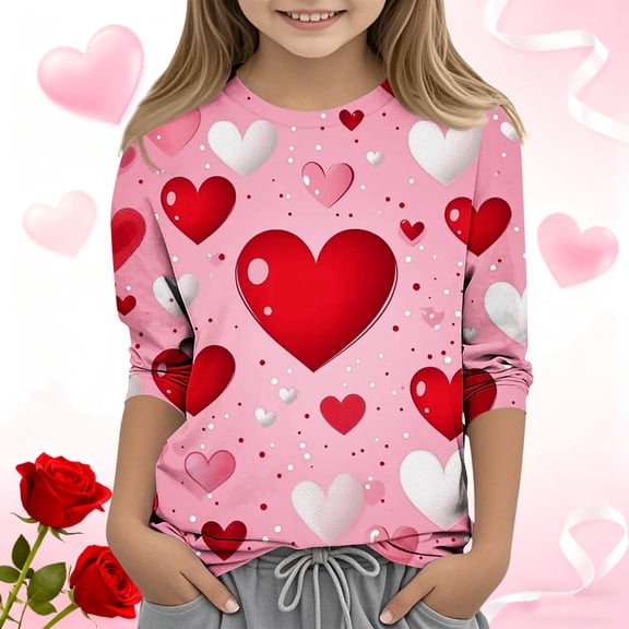 ATOGUTA Girls Valentine's Shirts Kids Heart Printed Valentine's Festival Outfit 3/4 Sleeve VDAY Tops Size 3T-12, Hot Pink