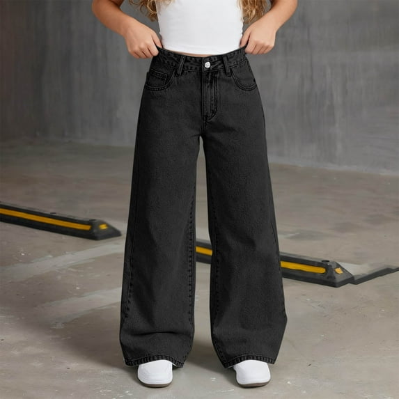 ATOGUTA Girls Wide Leg Jeans Bow Embroidered Straight Leg Baggy Jeans Elastic High Waist Denim Pants Size 6-15, Black